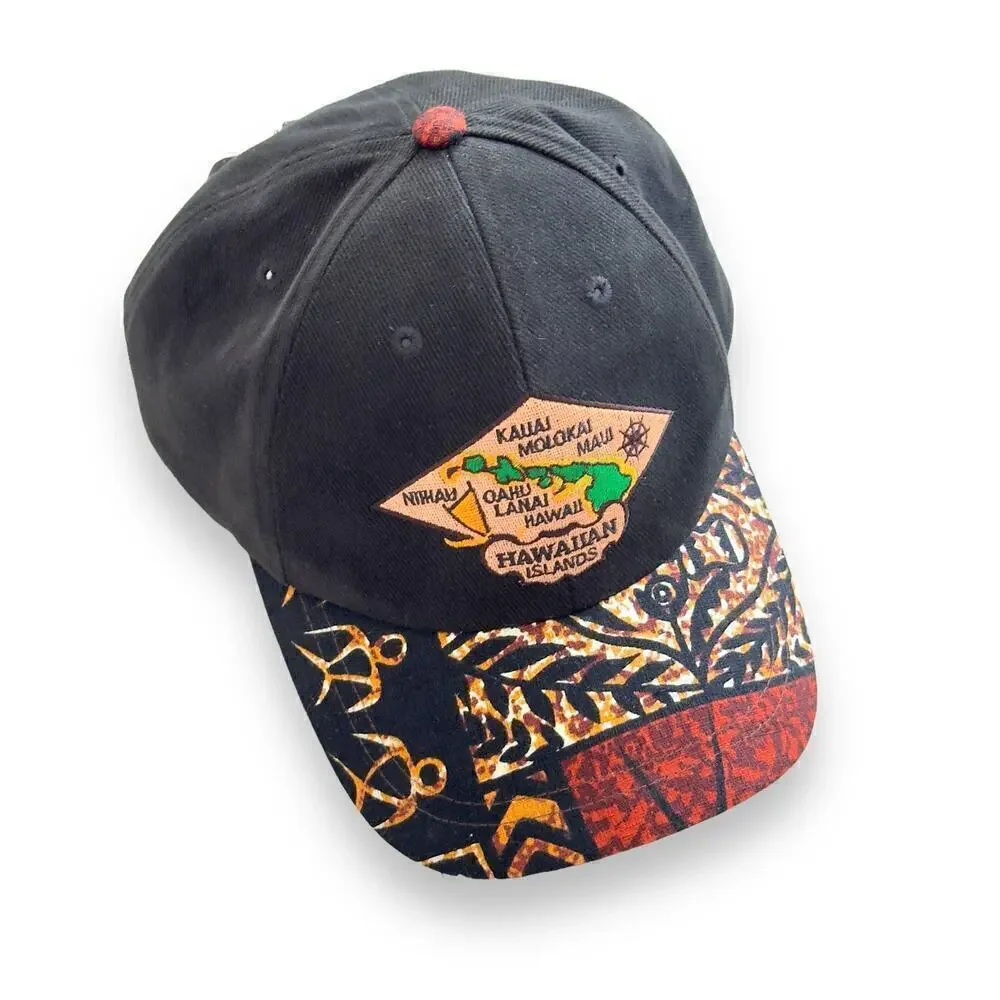 Vintage Hawaiian Islands Tribal Hat Strapback Black Brown Embroidered Hawaii